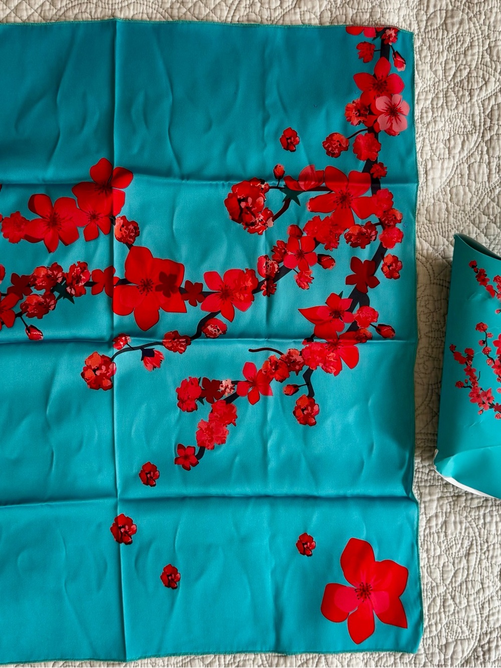 Silk-Feel Teal Scarf with Red Floral Print